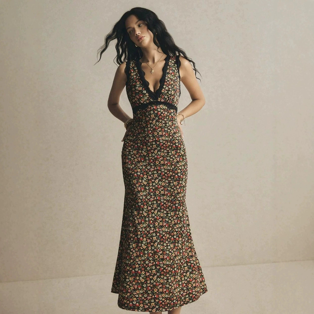ZARA Floral Print Long Spaghetti Strap Lace Dress - Picture 6 of 6